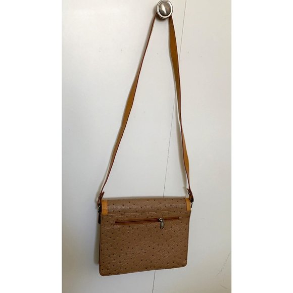 Vintage Taupe Ostrich Leather Handbag Purse with Honey Leather Strap & Trim - Picture 2 of 12